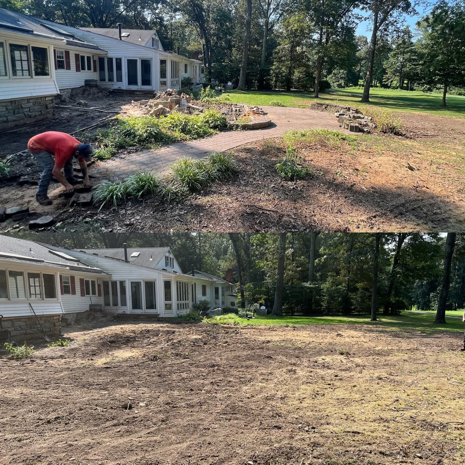 Before and after photos of a cleared and regraded site